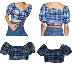 WILD FABLE Short Sleeve V-Neck Cropped Plaid Top